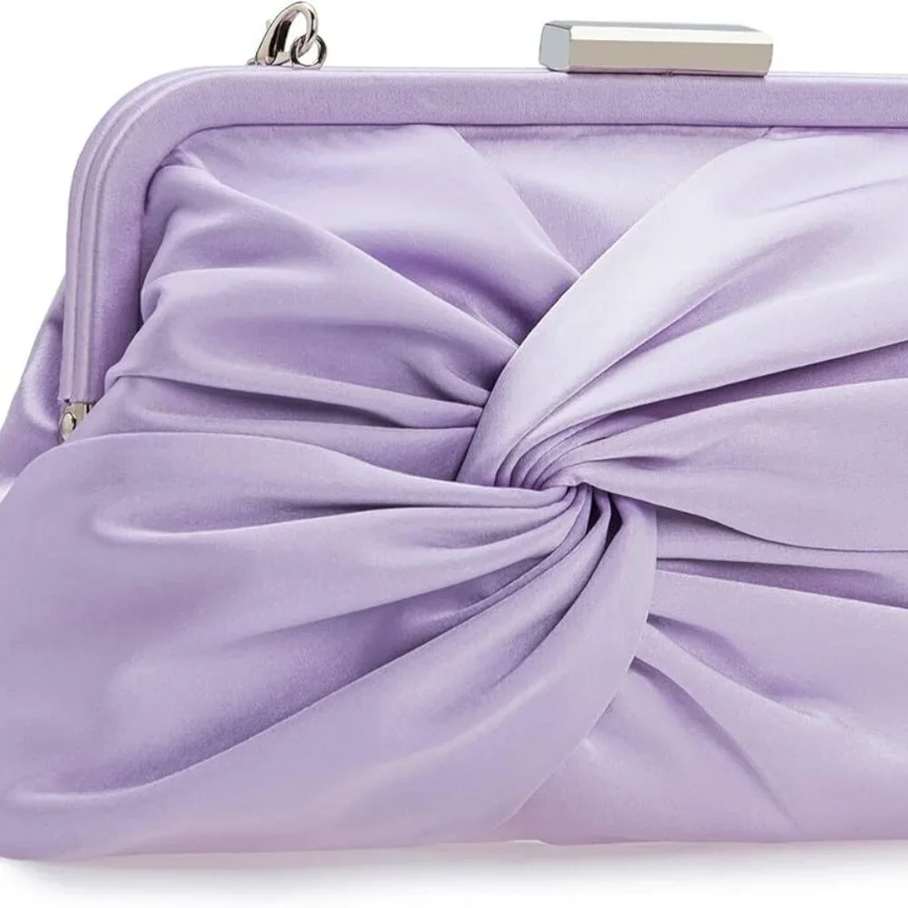 Women Evening Purse Satin Clutch 9.8x5.1x1.5 Inches Knot Pleated Handbag